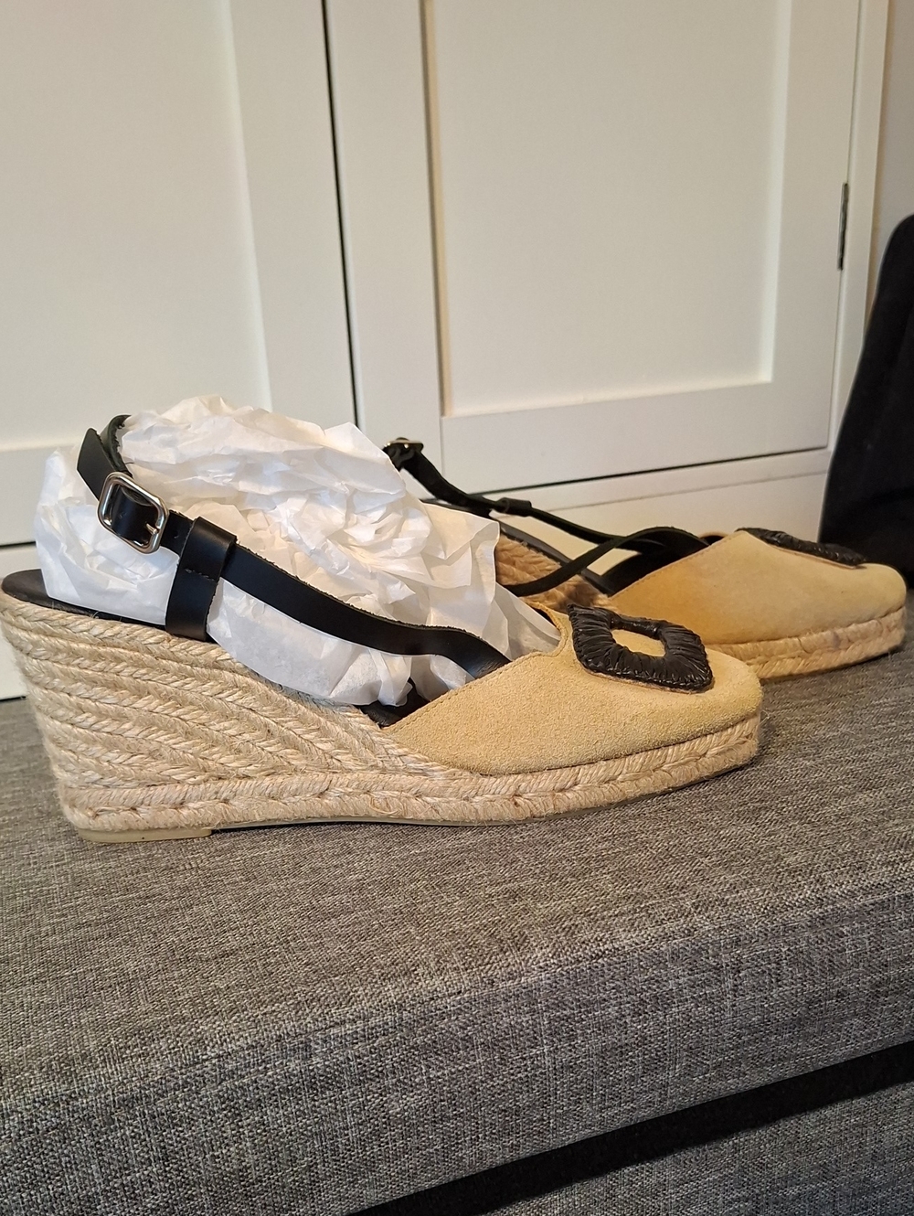 Maypol Tan Espadrille Wedge Sandals with Black Trim and‎ Ankle Strap